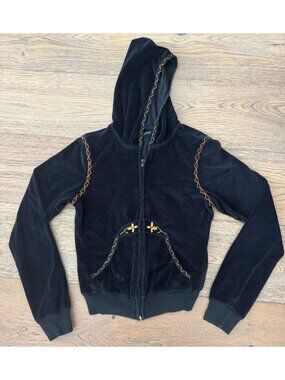 Vintage Crystal Velour Tracksuit Boho Embroidered Hoodie & Pants Set Black